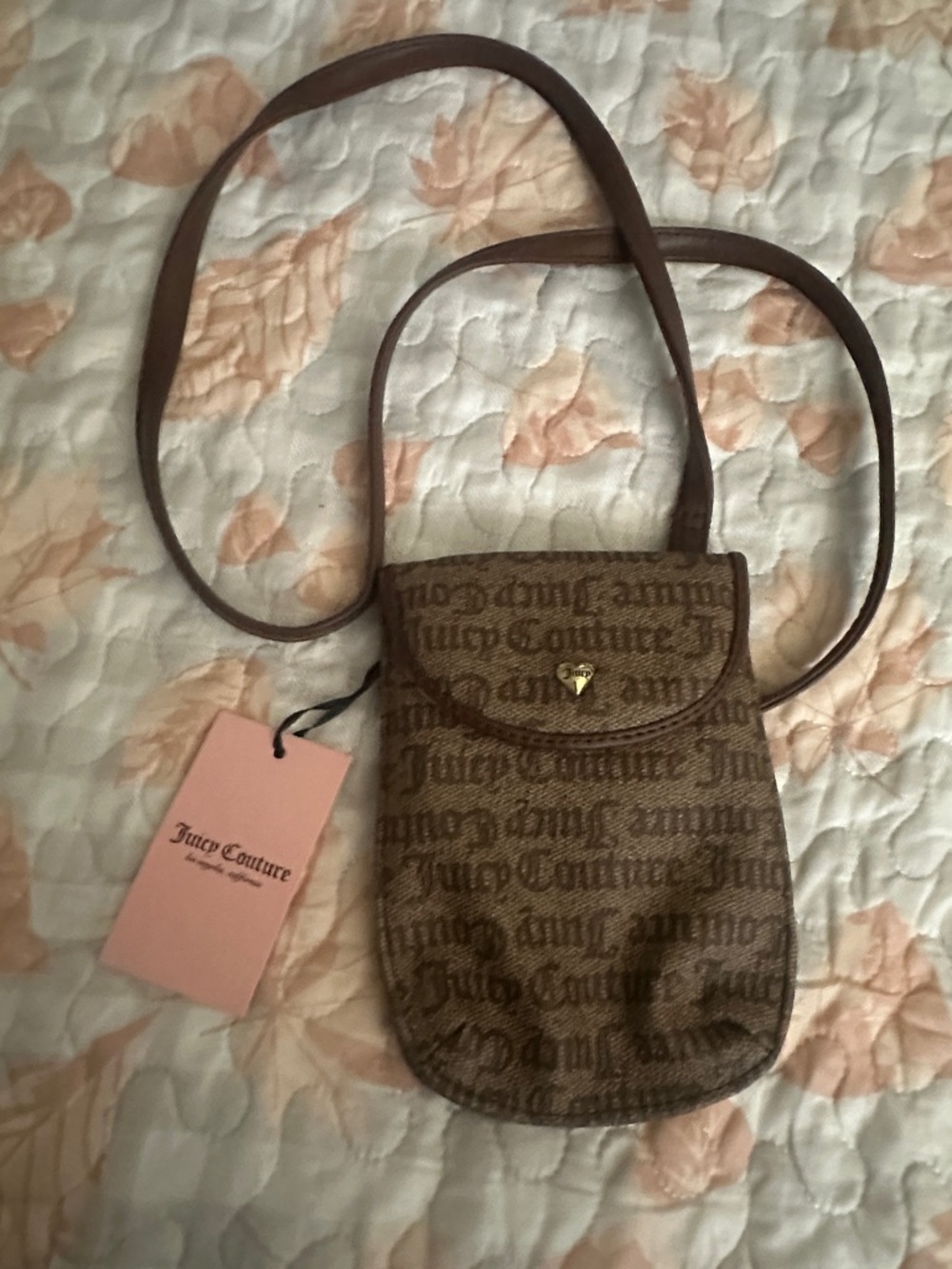 Juicy Couture Brown Monogram Mini Crossbody with Gold Accent